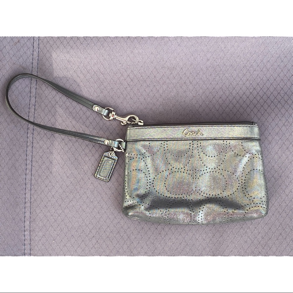 Shiny Metallic Grey Soft Buttered L Coach Wristlet